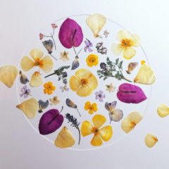 Tableau fleurs séchées work in progress jaune & rose fuchsia artisanat local
